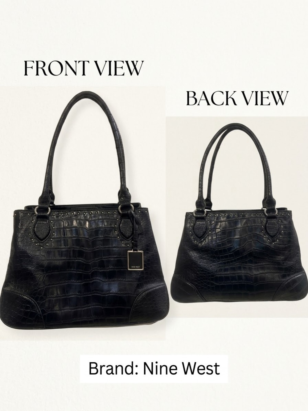 Nine West Black Croc-Embossed Shoulder Studded Faux Leather Tote 13”x10”x 5.5”